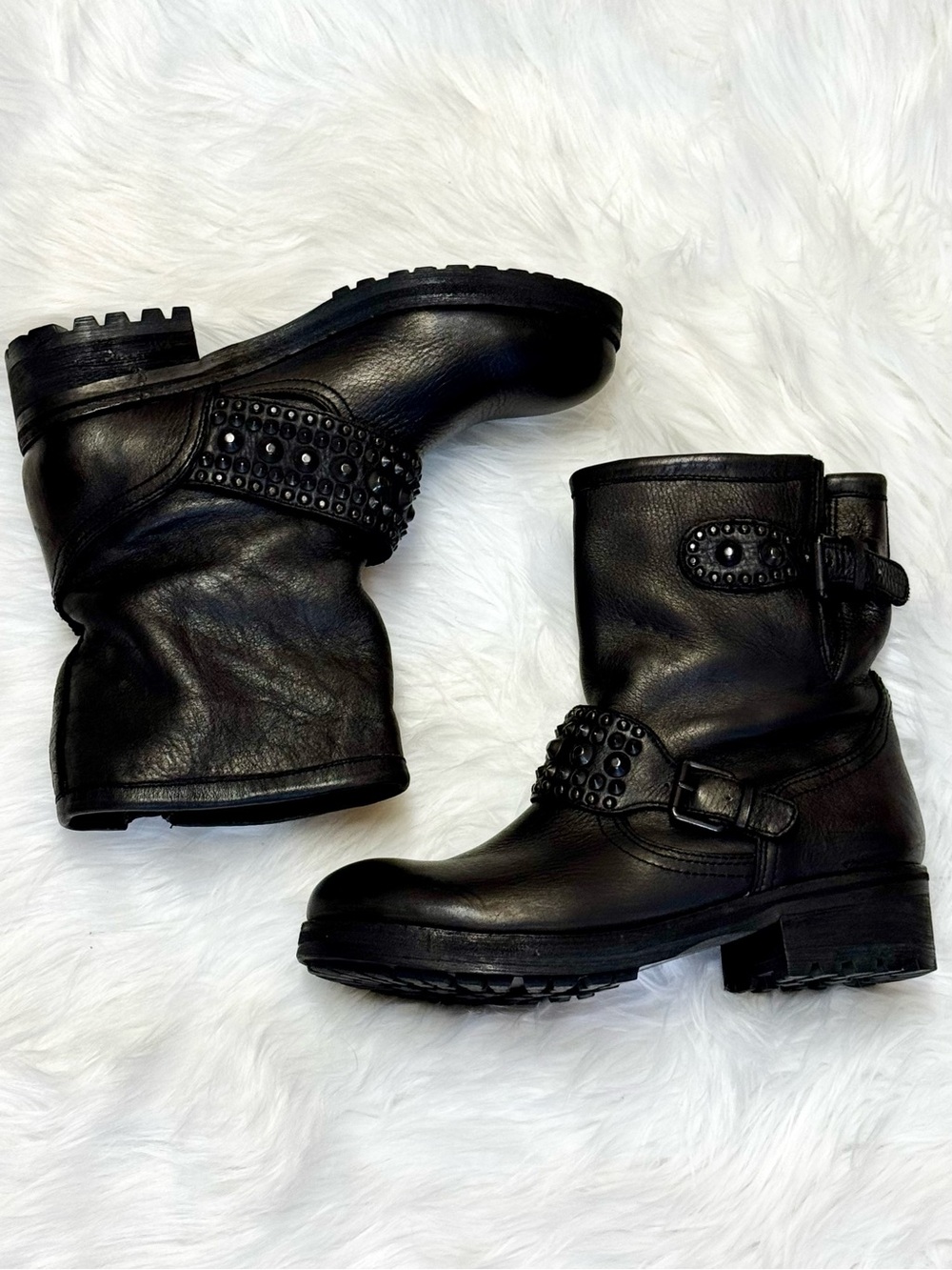 ASH Rebel Black Leather Motorcycle Ankle Buckled Boots Pyramid Studs Sz 37 EU